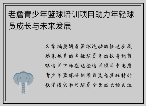 老詹青少年篮球培训项目助力年轻球员成长与未来发展