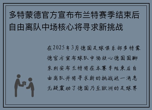 多特蒙德官方宣布布兰特赛季结束后自由离队中场核心将寻求新挑战