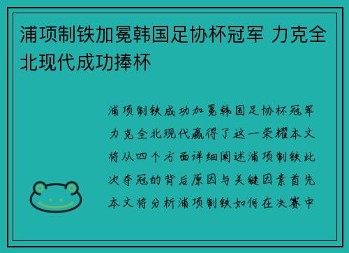 浦项制铁加冕韩国足协杯冠军 力克全北现代成功捧杯